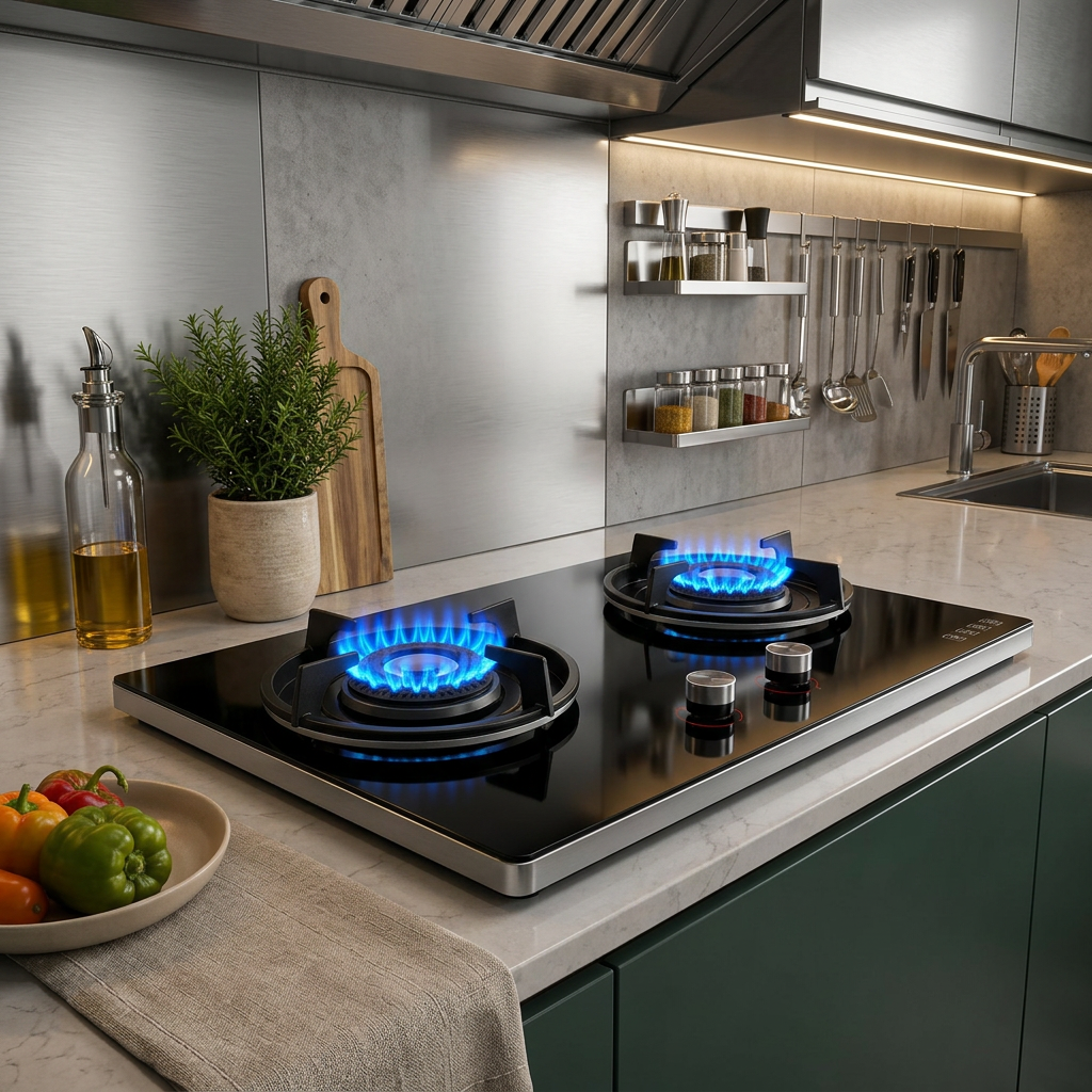 Estufa empotrable a gas Casacol encendida en una cocina moderna