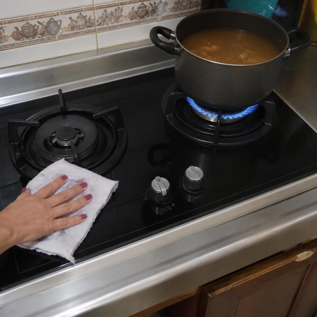 Clienta limpiando el vidrio templado de su estufa Casacol mientras cocina