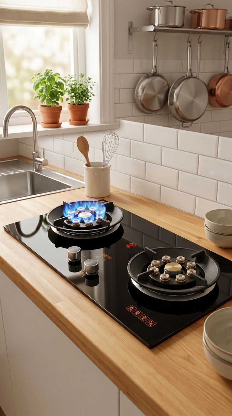Estufa empotrable Casacol instalada en el mesón de una cocina