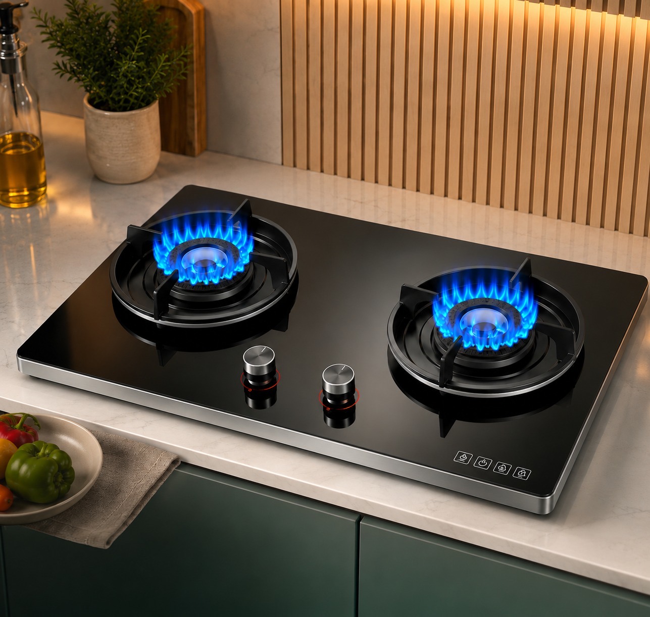 Cocina empotrable a gas LisiHome encendida en una cocina moderna