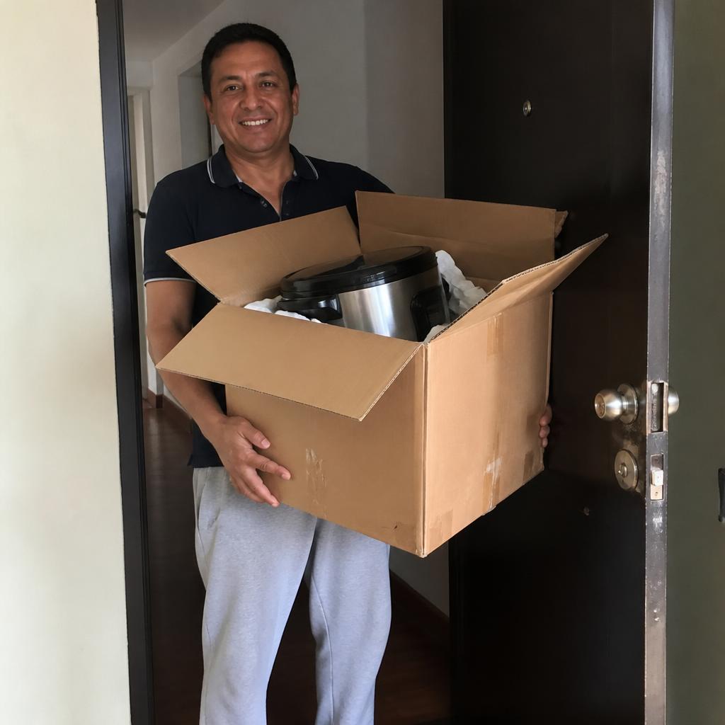 Cliente de Medellín recibiendo la caja de su estufa Casacol en la puerta de su casa